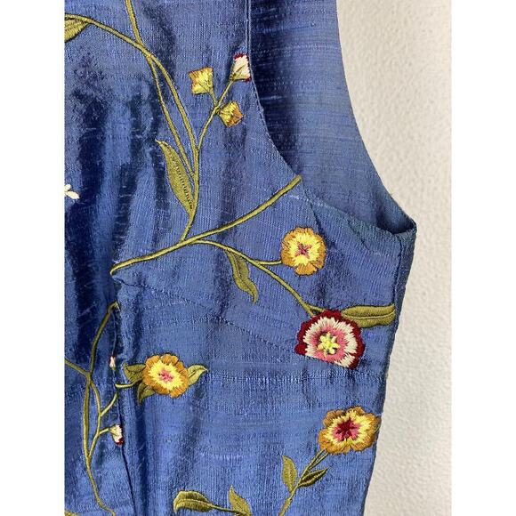 Lena Medoyeff Women's M Blue Embroidered Floral Sleeveless Silk Midi Dress - Picture 3 of 7